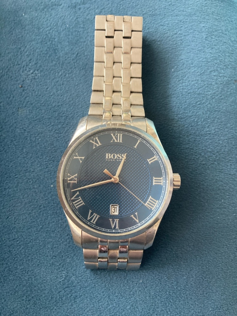 Boss Silver Metal Bracelet Watch with Blue Dial Accent